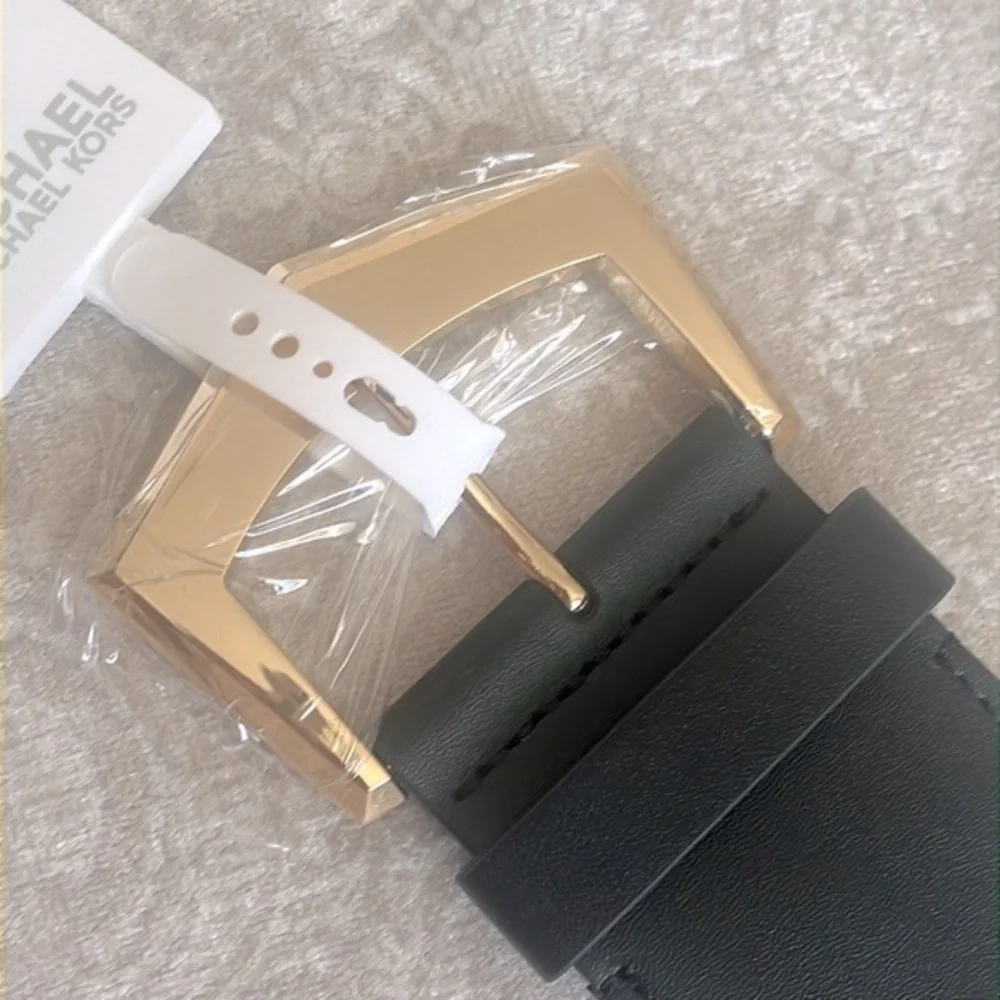 Brand New Michael Kors Wide Strap Black Logo Stretch Belt w/ Gold Tone Buckle